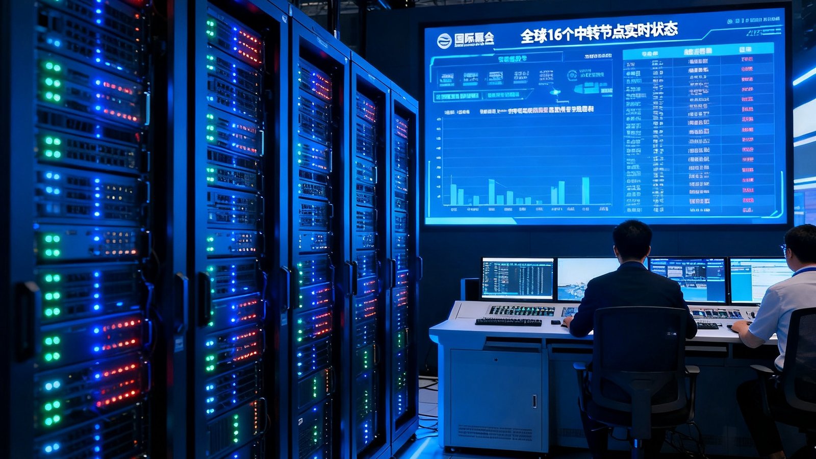 繁忙的国际展会云视讯中转中心内部，多排服务器机柜指示灯闪烁，大屏幕上显示着全球16个中转节点的实时状态，工作人员通过控制台协调跨国信号分发，画面呈现高科技数据中心氛围