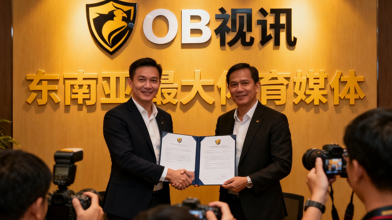 签约仪式现场，OB视讯CEO与东南亚最大体育媒体代表握手并交换合作协议文本，背景展示双方品牌标识，现场有多家媒体记者拍照记录