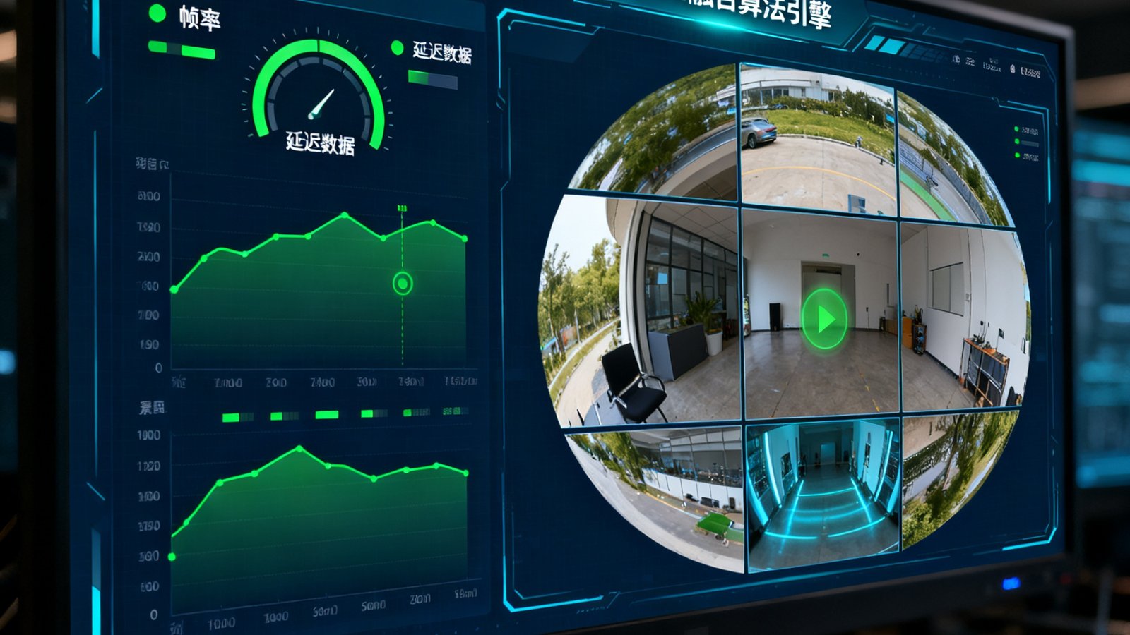 大型监控屏幕上显示着AR/VR融合算法引擎的实时运行状态，左侧是AR叠加渲染的帧率与延迟数据仪表盘，右侧是VR全景拼接的实时预览画面，数据曲线平稳，各项指标均显示绿色正常状态